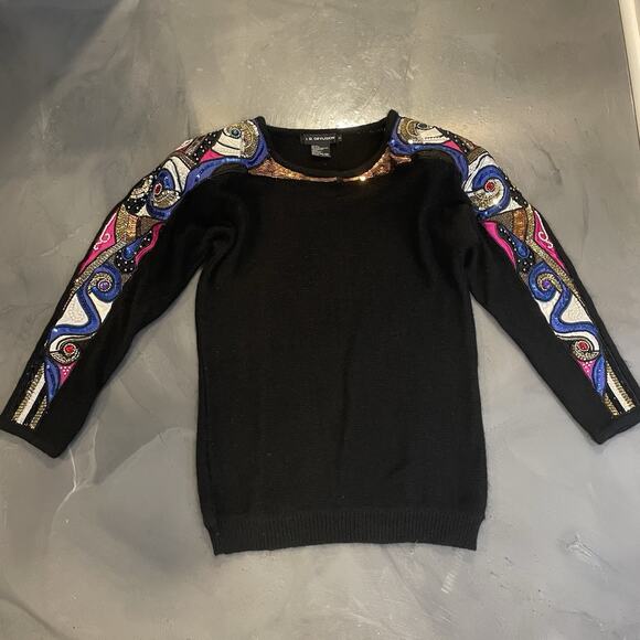 Vintage IB Diffusion Sweater Sequin Silk Angora Women Size S Black Beaded Long - Picture 1 of 8